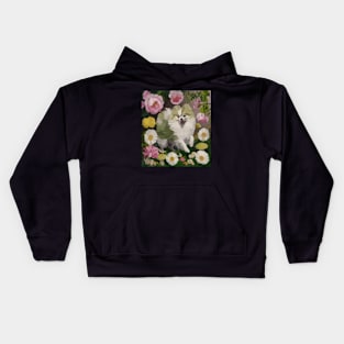 watercolor flowers surrounding a wild Pomeranian Kids Hoodie